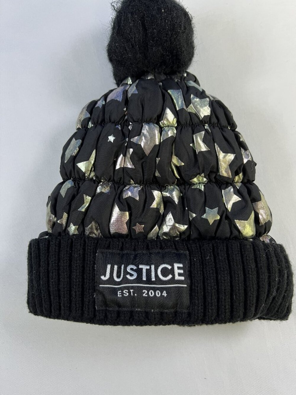 Justice girls' winter beanie hat featuring a unique quilted puffer design